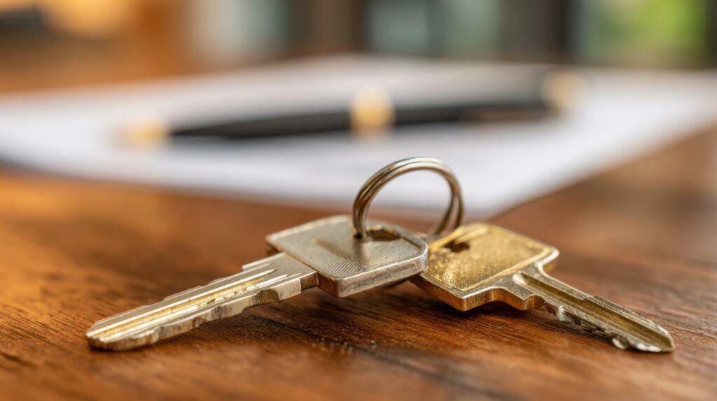 Deux clés posées sur une table, symbolisant la fin d’un bail ou une procédure d’expulsion.